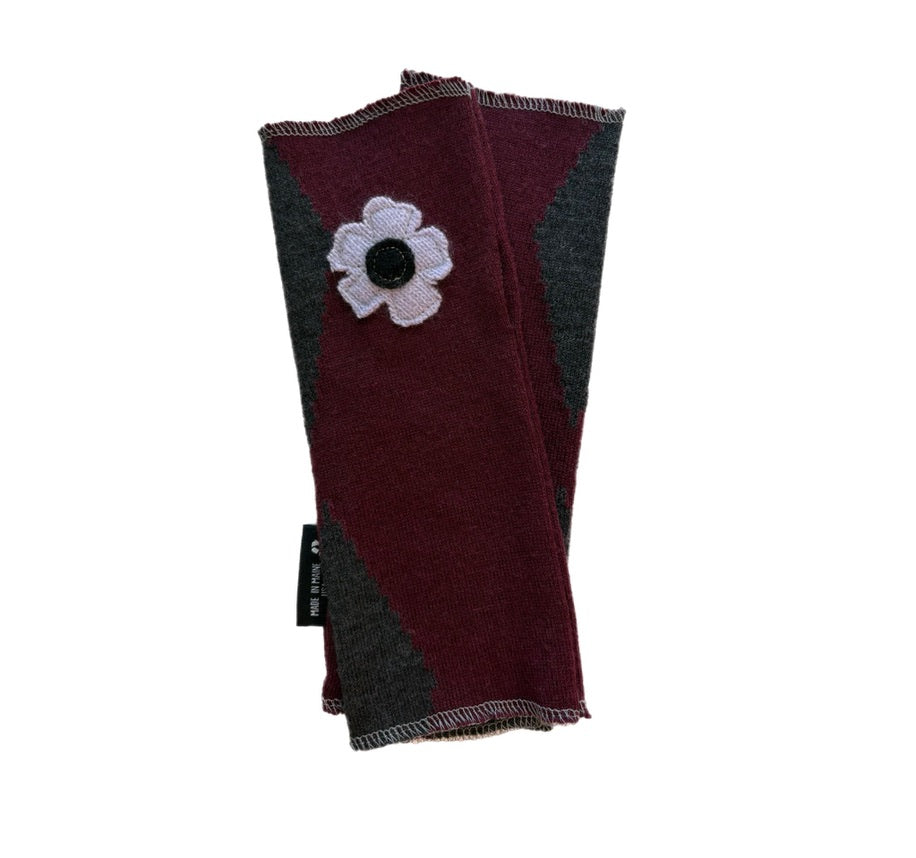 Long Fingerless Mittens - Maroon & Grey Pattern with Light Pink Flower - 170