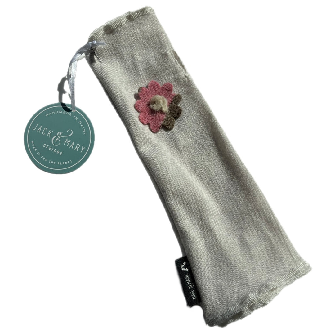 Light Grey with Pink Flower Fingerless Mittens