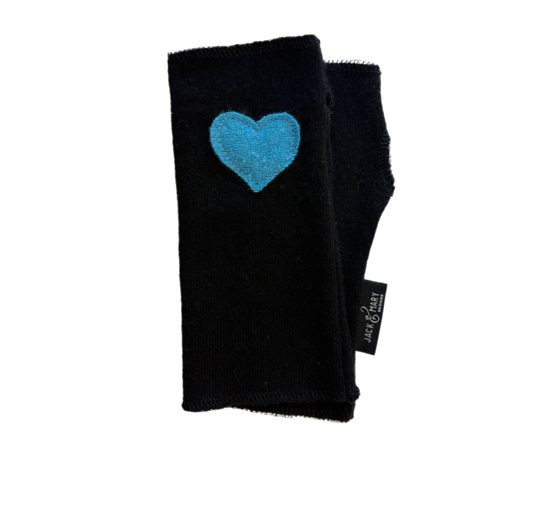 Short Fingerless Mittens - Black with Blue Heart - 008