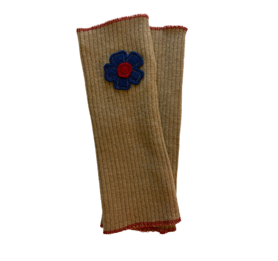 Long Fingerless Mittens - Mustard with Blue Flower - 174