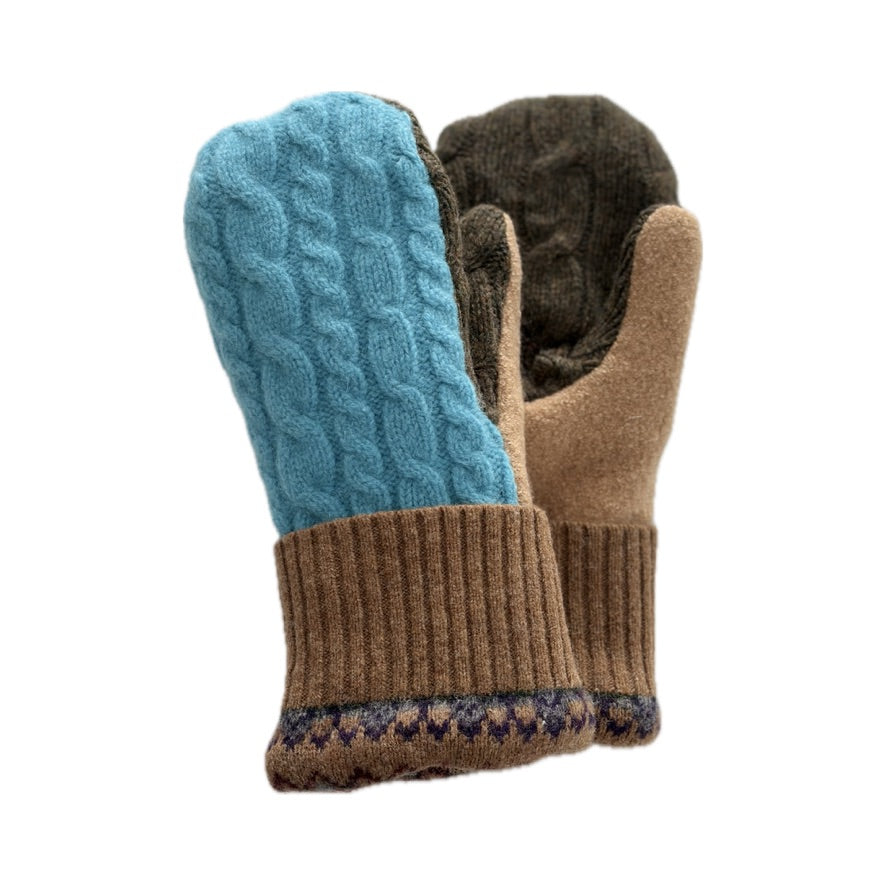 Women's Mittens - Blue Cable Knit with Camel Nordic Cuff  - 1673