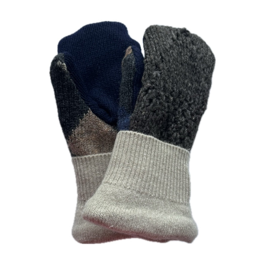 Men's Mittens - Charcoal, Cream & Blue - 391