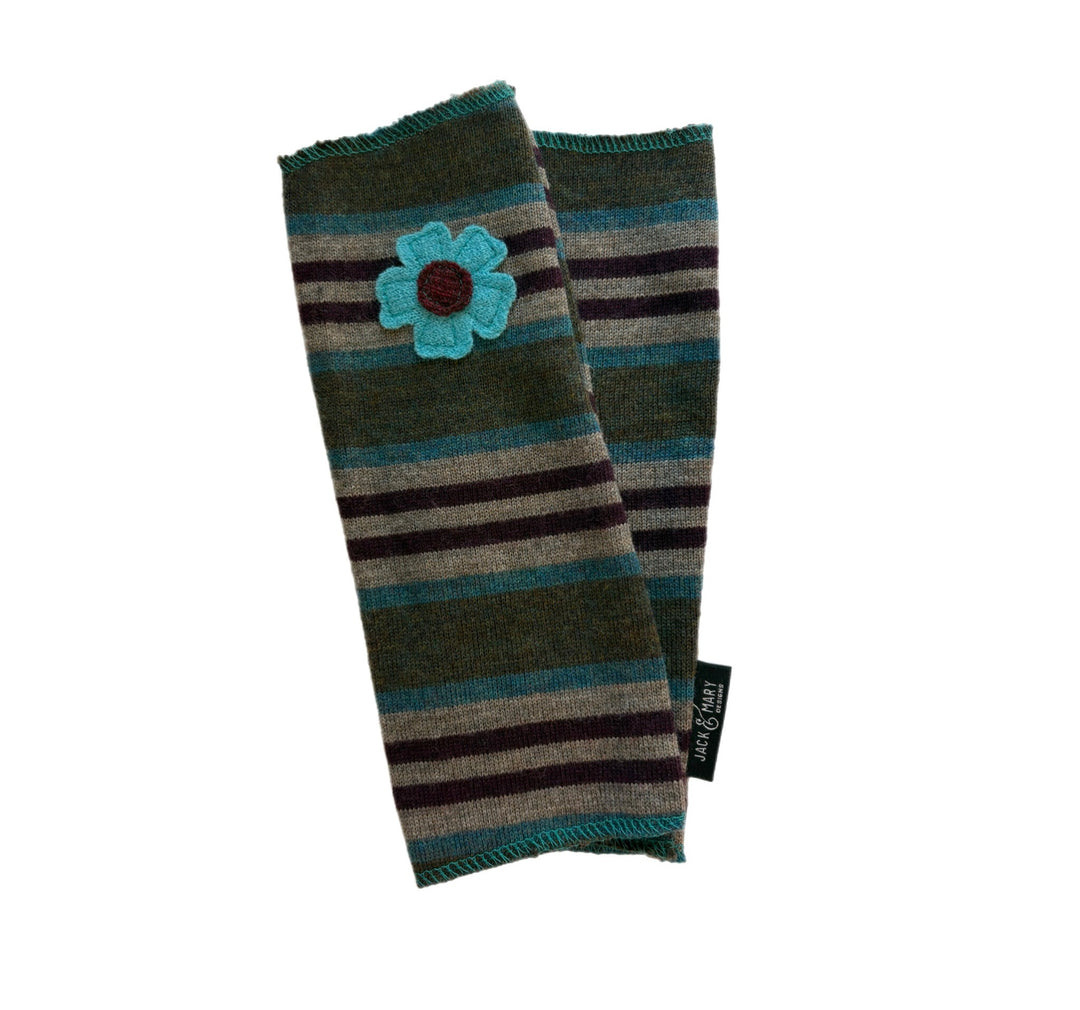 Long Fingerless Mittens - Teal, Green & Brown Stripe with Blue Flower - 167