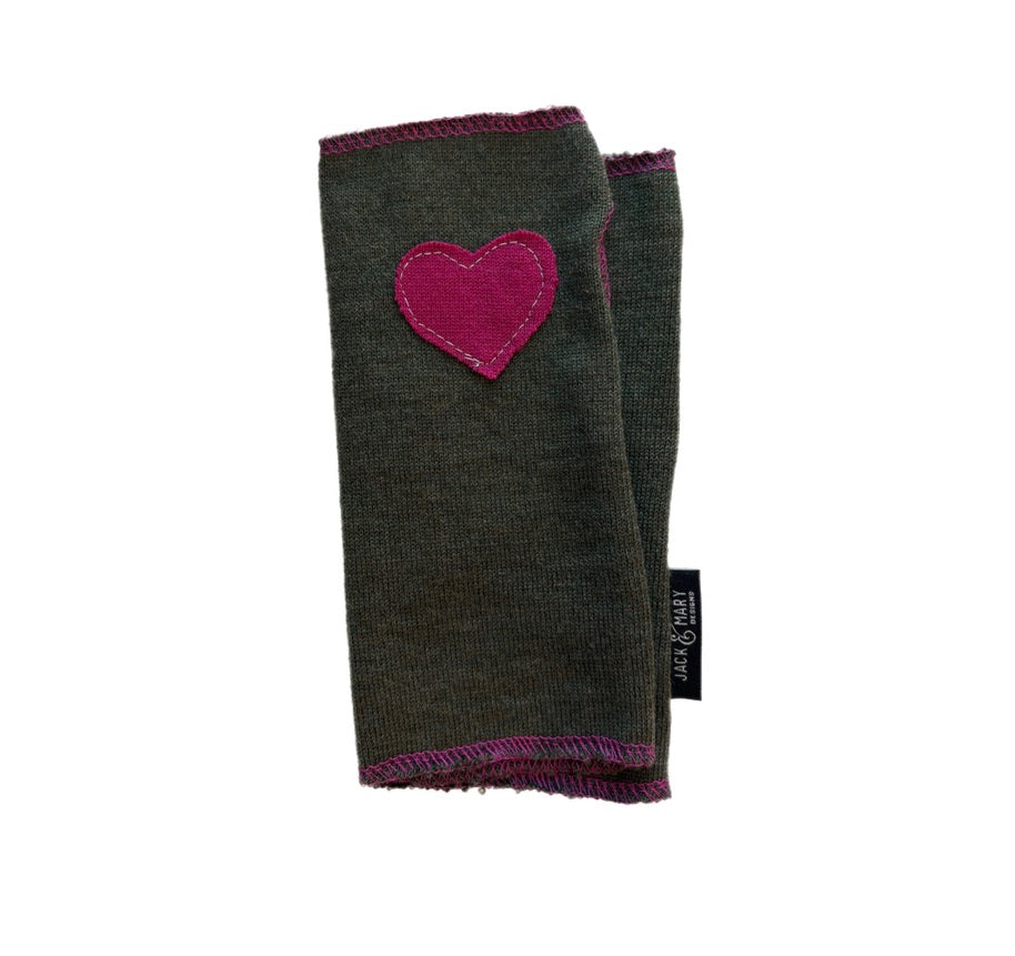 Short Fingerless Mittens - Army Green with Pink Heart - 010