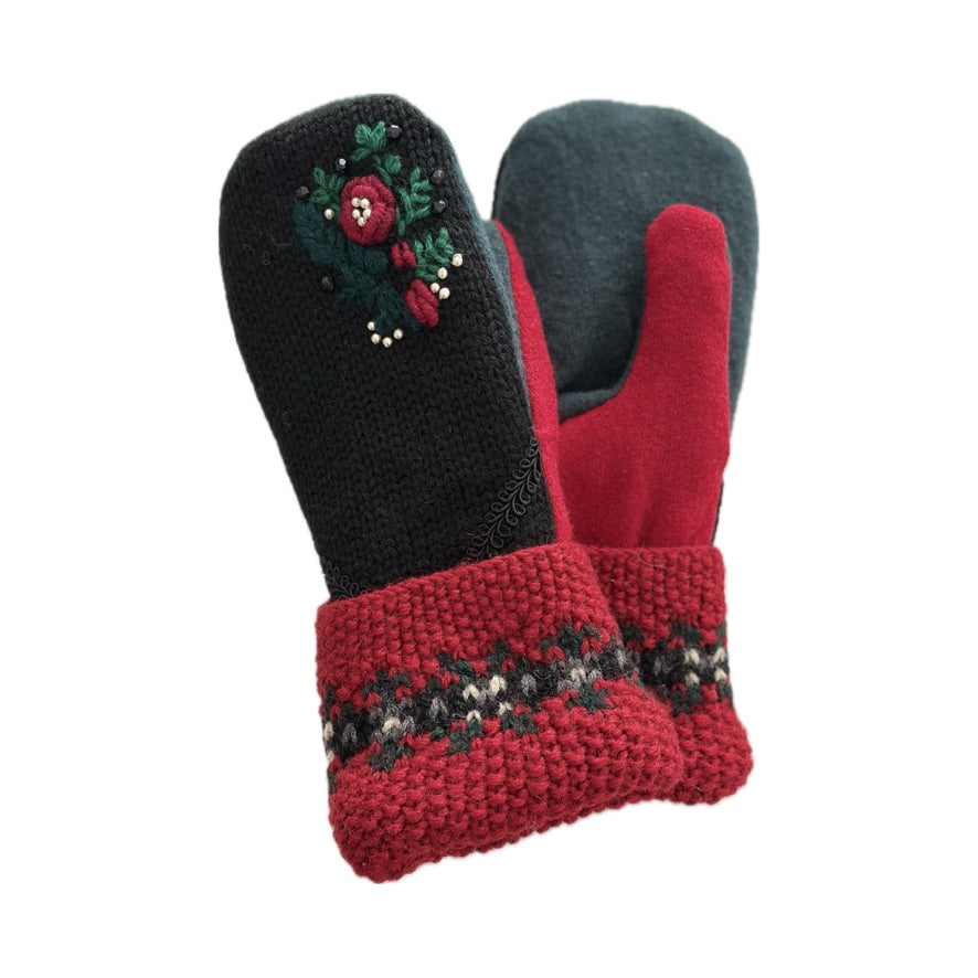 Women's Mittens - Red & Green Floral  - 1667