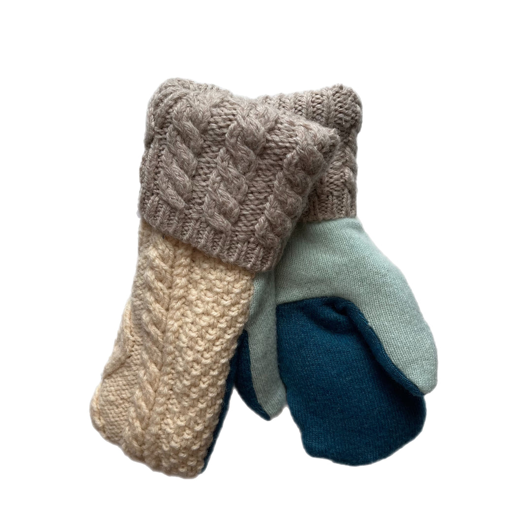Womens Sherpa Lined Mittens Beige and Blue