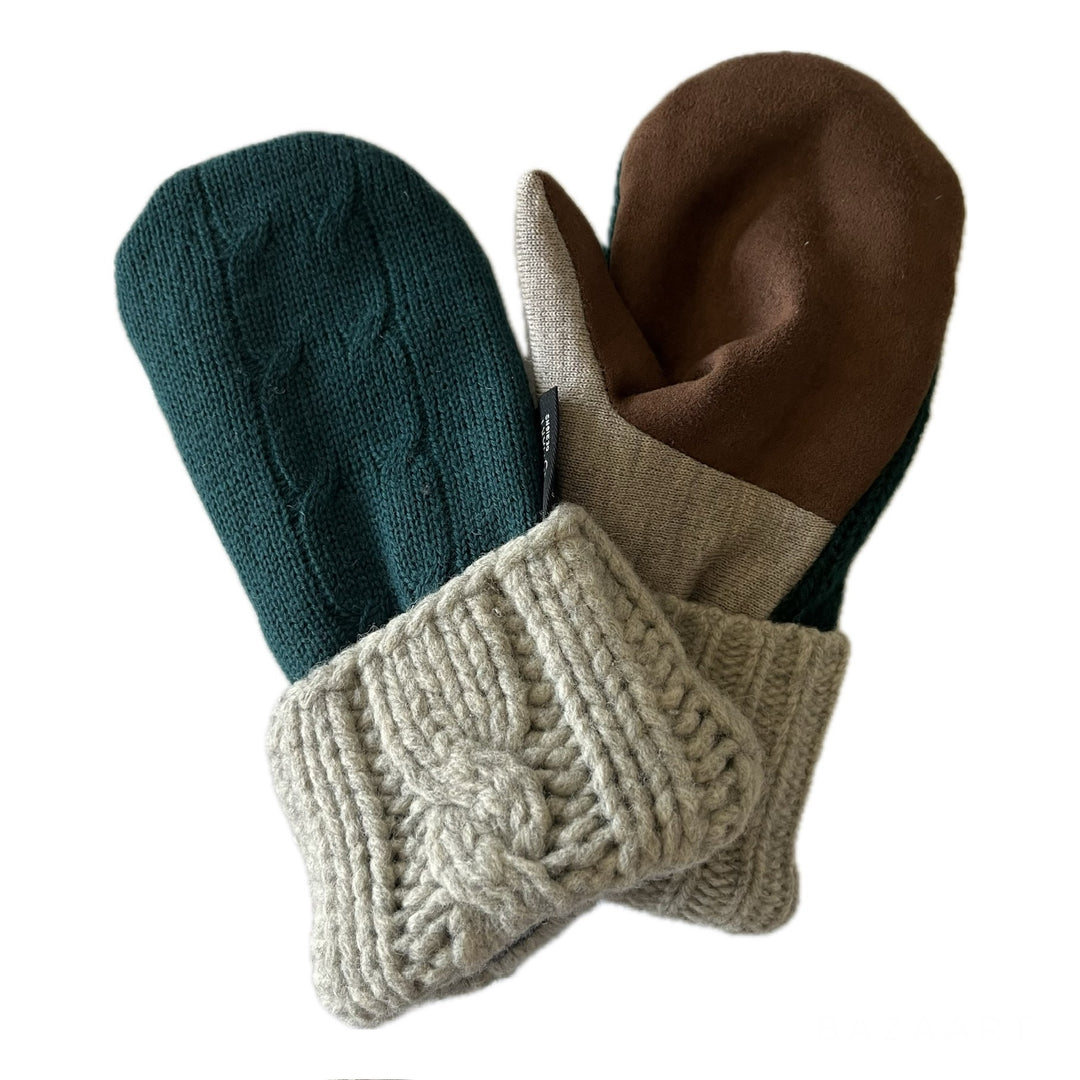 Womens Small Driving Mittens Forest Green with Chocolate