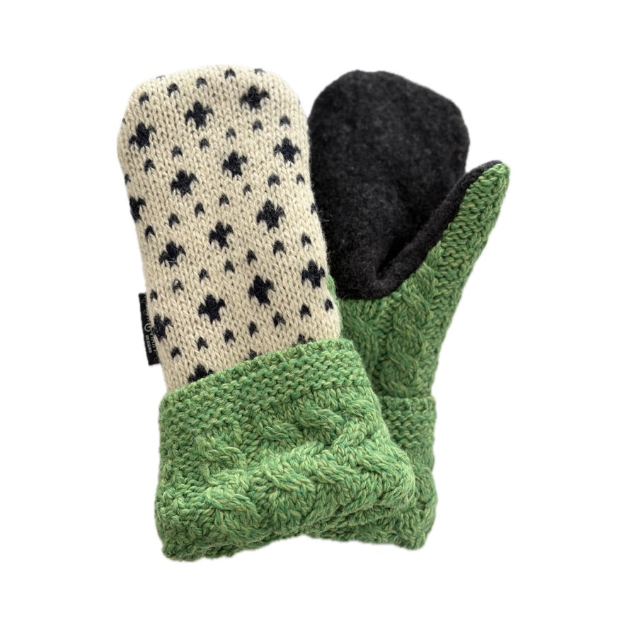 Women's Mittens - Cream & Black Nordic with Pistachio Green Cable Knit  - 1665