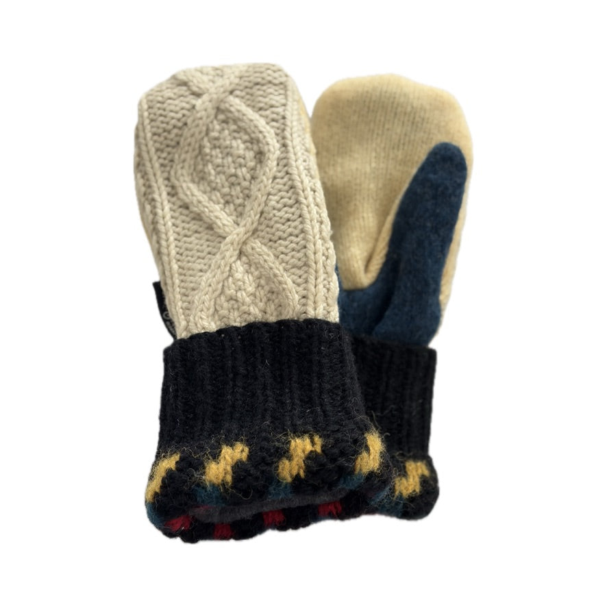 Women's Mittens - Cream Cable Knit with Butter Yellow & Blue - 1647