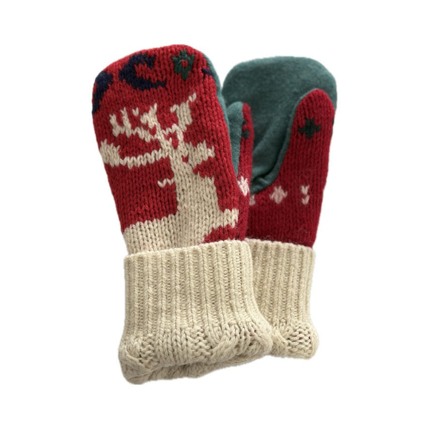 Women's Mittens - Red, Cream & Green Nordic with Deer - 1649