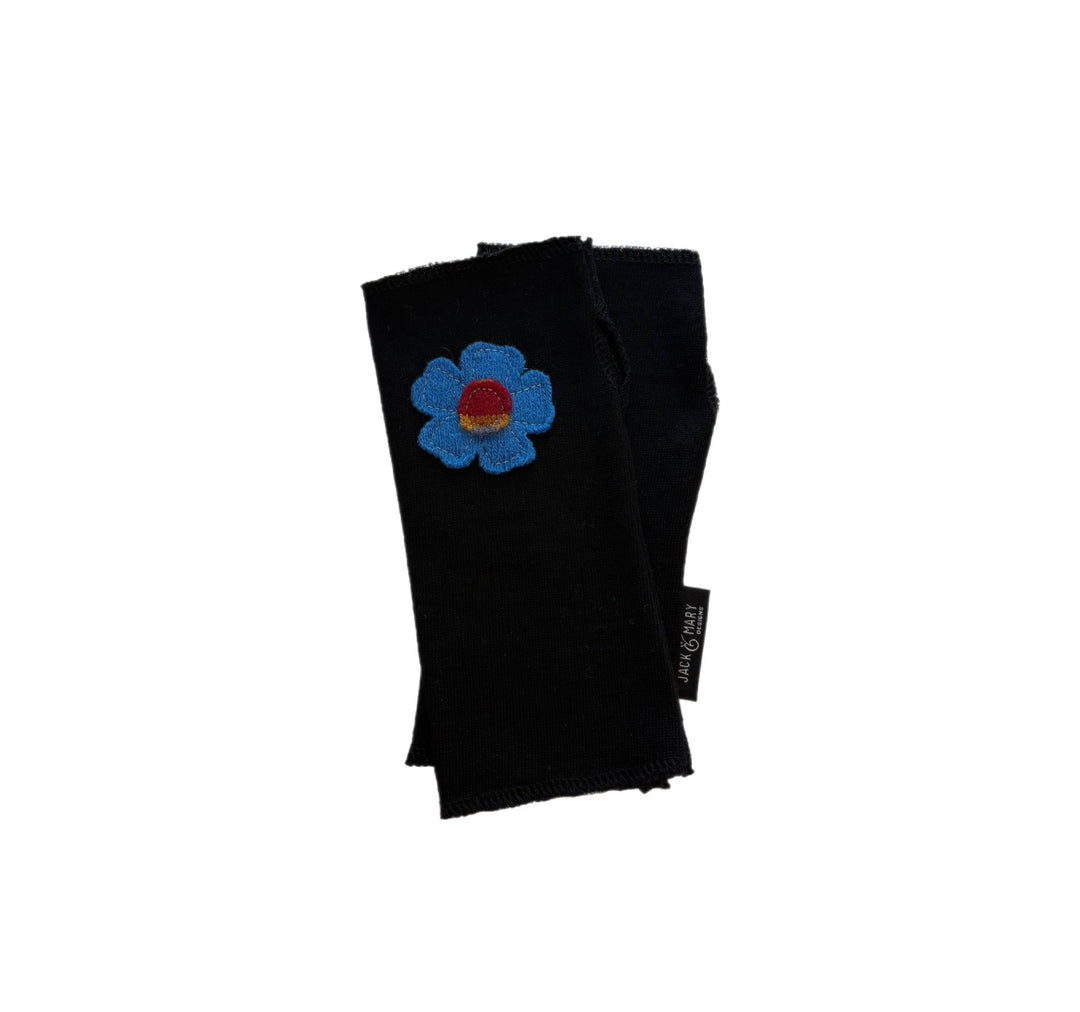 Short Fingerless Mittens - Black with Blue Flower - 307