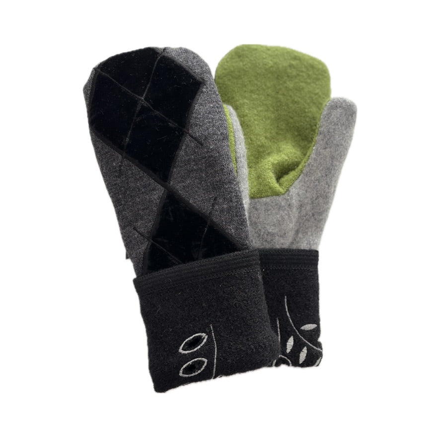 Women's Mittens - Black Velvet Argyle with Grey & Green  - 1671