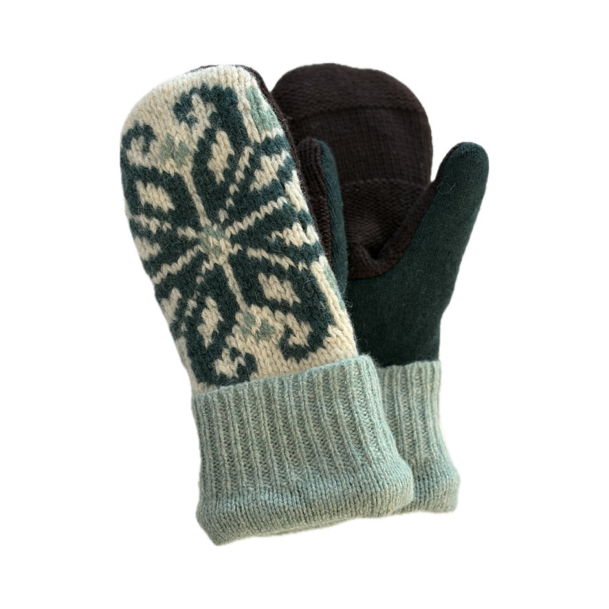 Women's Mittens - Cream & Green Nordic - 1642