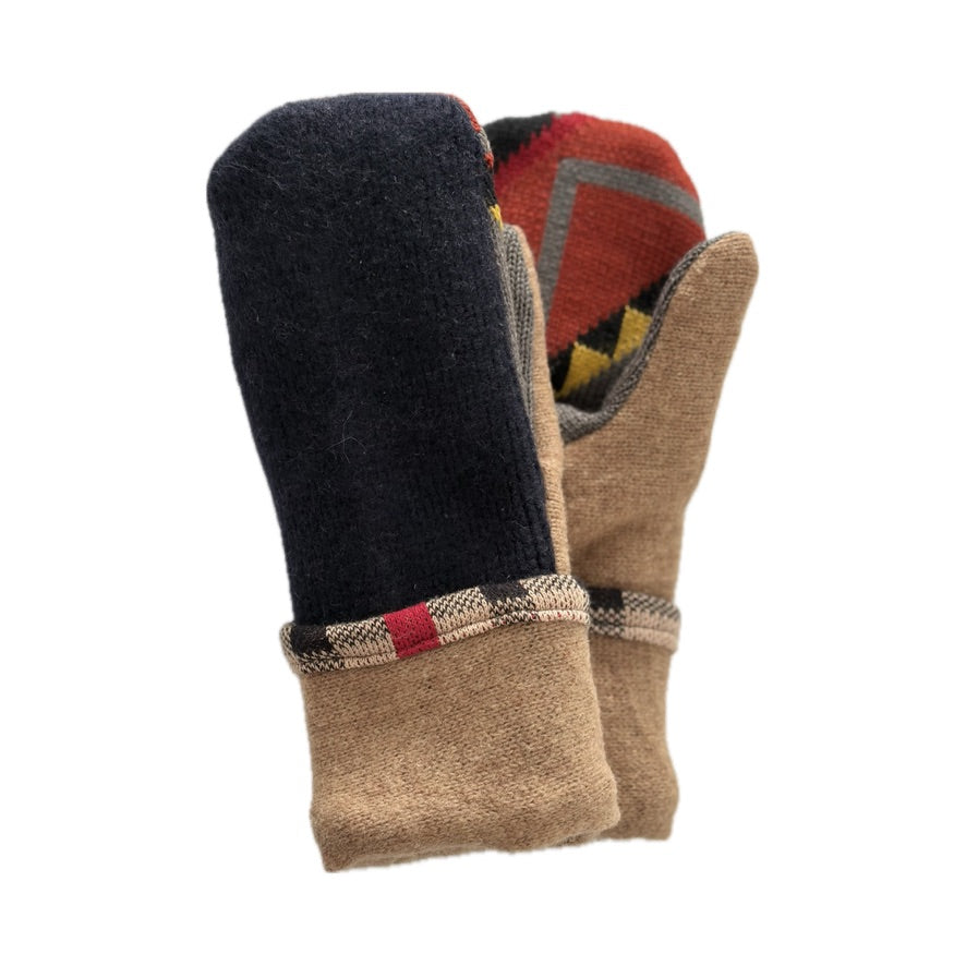 Women's Mittens - Black with Camel, Red & Orange Abstract  - 1668