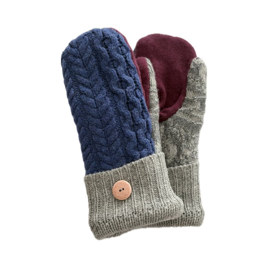 Women's Mittens - Blue Cable Knit & Grey & Maroon  - 1659