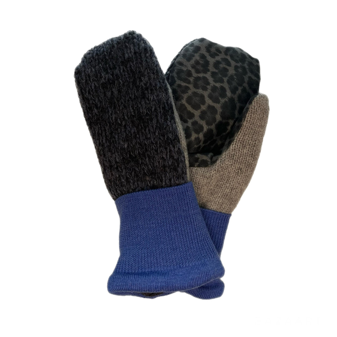 Womens Driving Mittens Blue with Cheetah Print