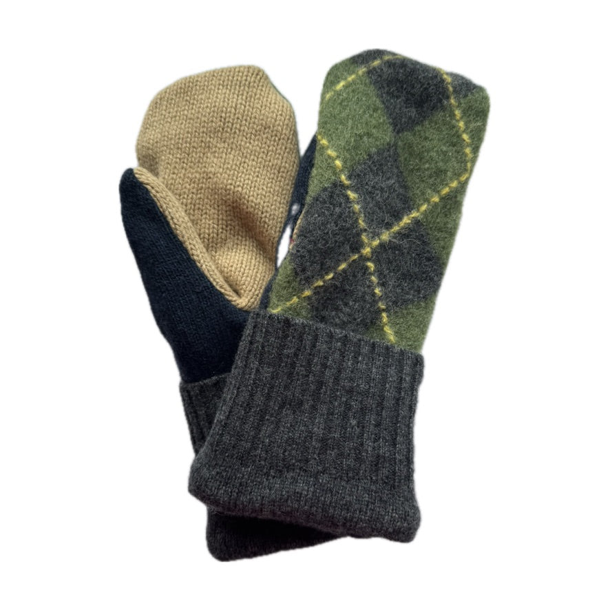 Men's Mittens - Grey, Green & Butter Yellow Argyle - 386