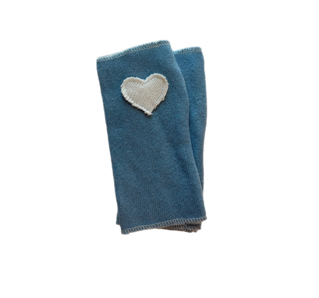 Short Fingerless Mittens - Blue with Cream Heart - 003