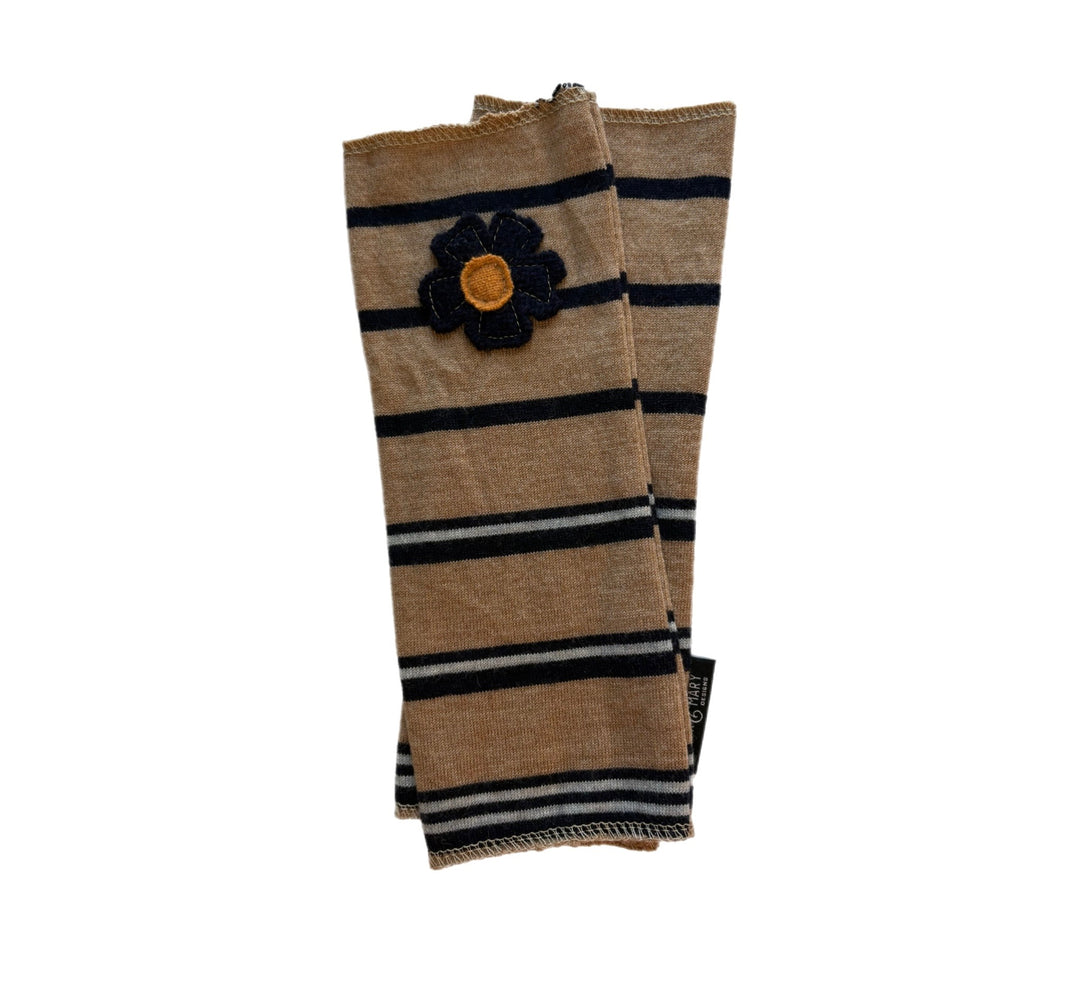 Long Fingerless Mittens - Camel, Black & Grey Stripe with Black Flower - 163