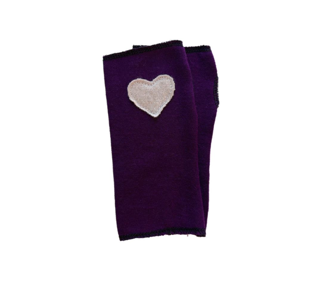 Short Fingerless Mittens - Purple with Cream Heart - 007