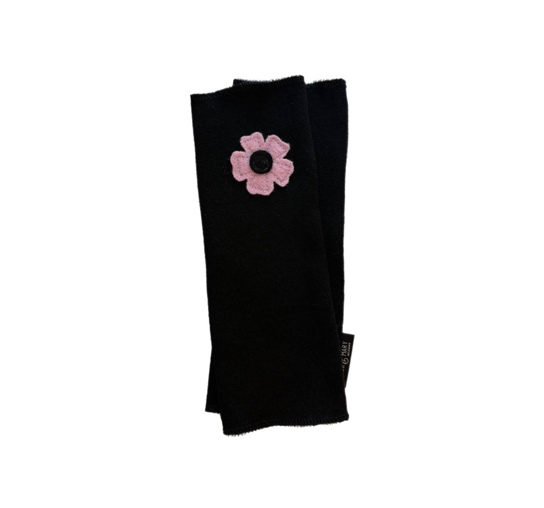 Long Fingerless Mittens - Black with Pink Flower - 175
