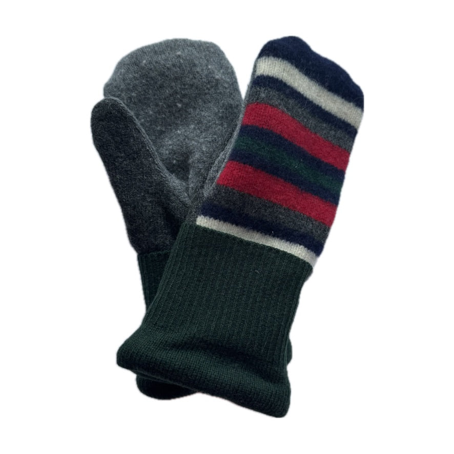Men's Mittens - Green, Grey & Red Stripe - 377