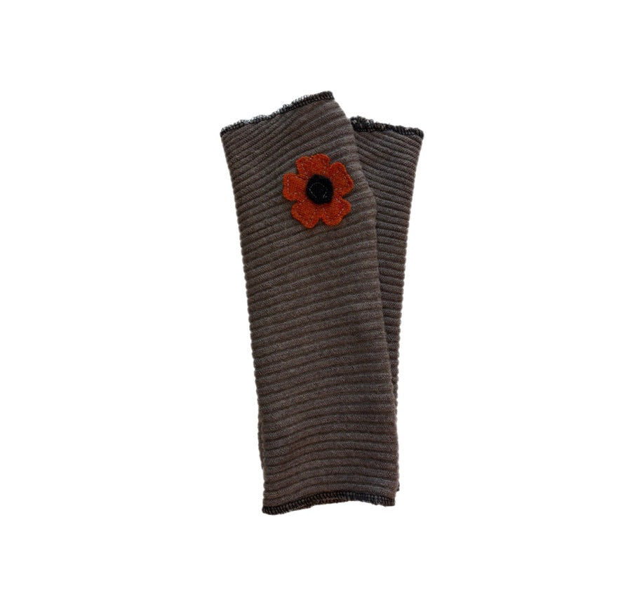 Long Fingerless Mittens - Light Brown with Orange Flower - 178