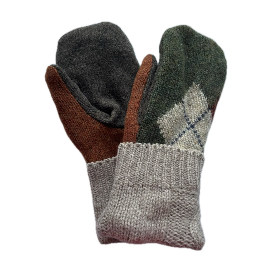 Men's Mittens - Forest Green, Grey & Rust Argyle  - 395