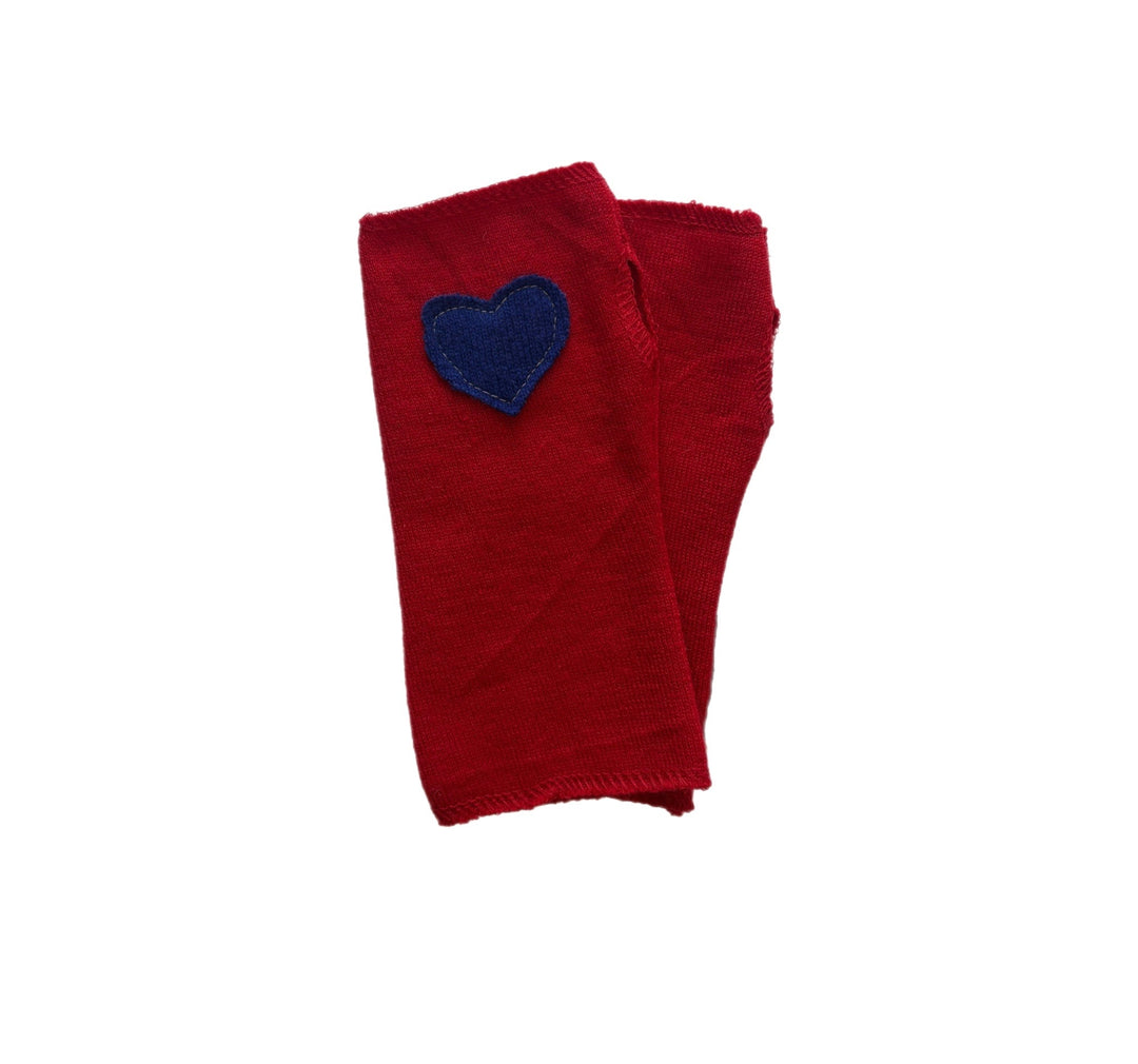 Short Fingerless Mittens - Red with Navy Heart - 001
