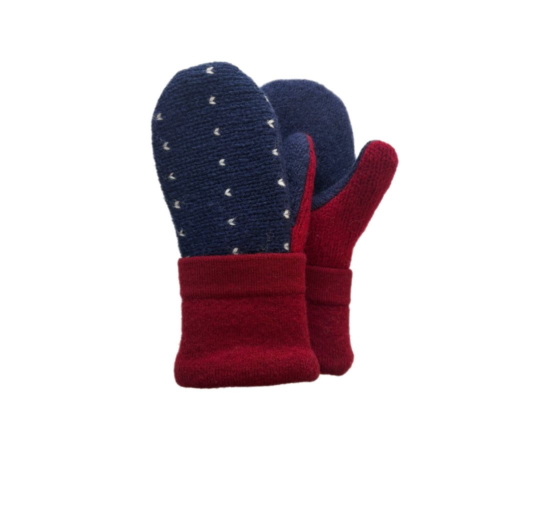 Kids Mittens S/M - Red with Navy & White Pattern - 306