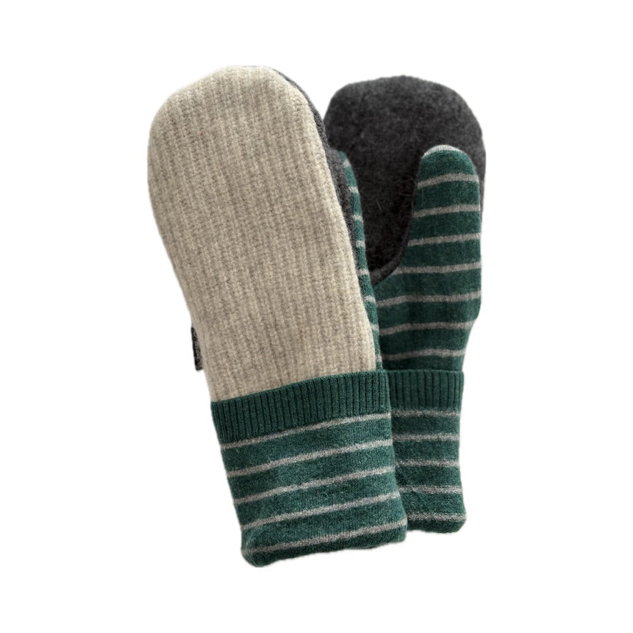Women's Mittens - Cream with Forest Green & Grey Stripe  - 1670