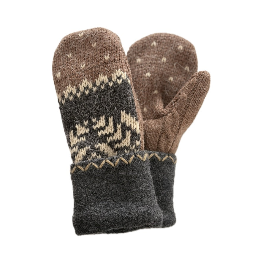 Women's Mittens - Camel, Charcoal, & Cream Nordic with Camel Stitching  - 1651