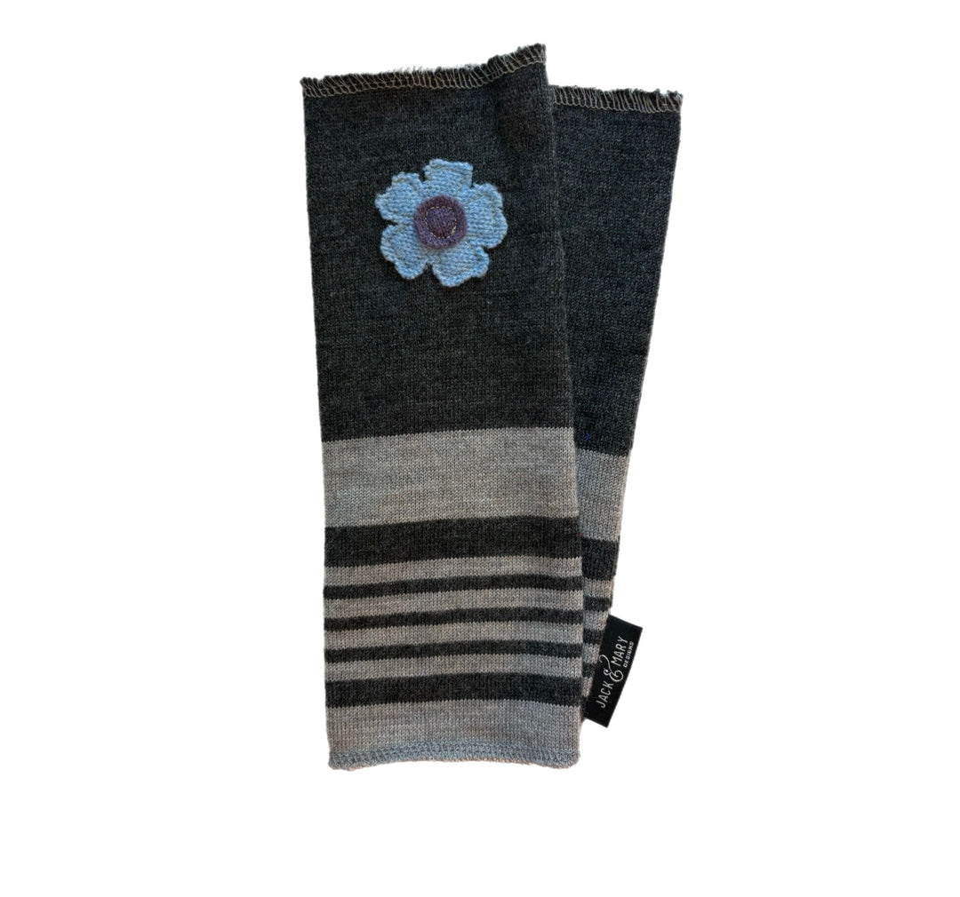 Long Fingerless Mittens - Shades of Grey Stripe with Blue Flower - 171
