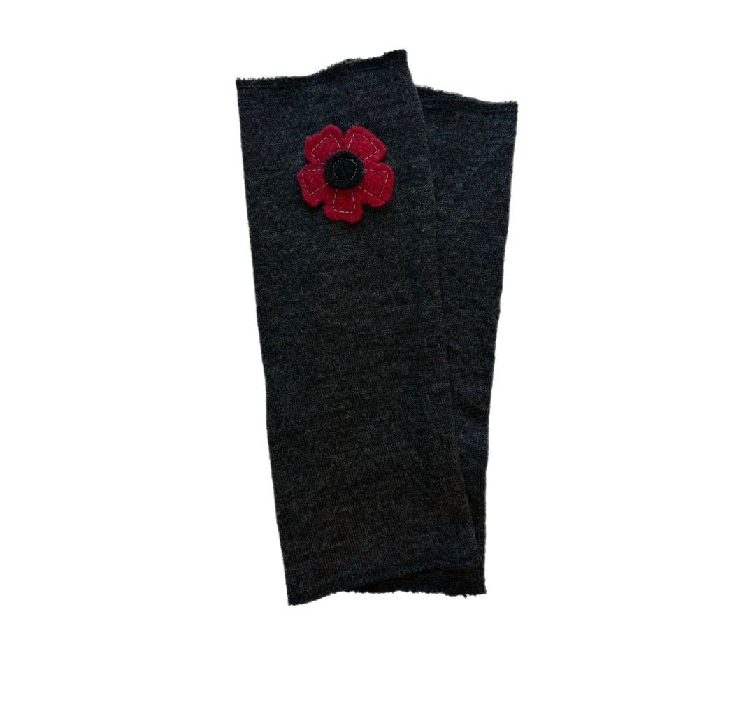Long Fingerless Mittens - Charcoal with Red Flower - 169