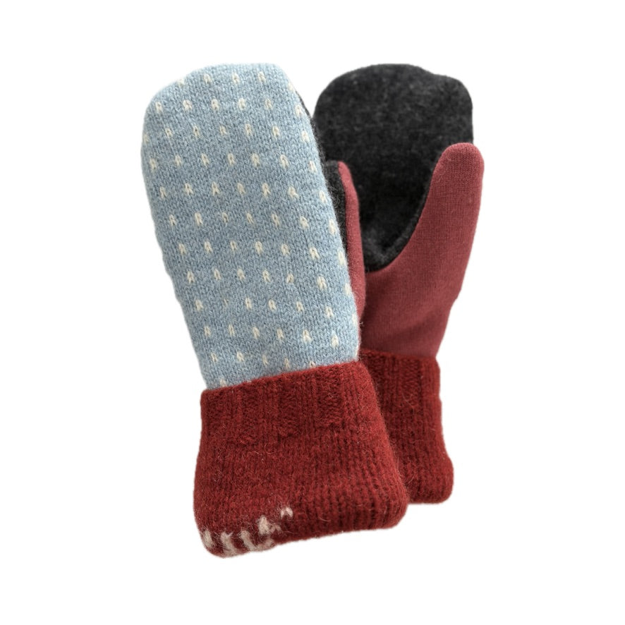 Women's Mittens - Baby Blue & Cream Pattern with Red Cuff - 1680