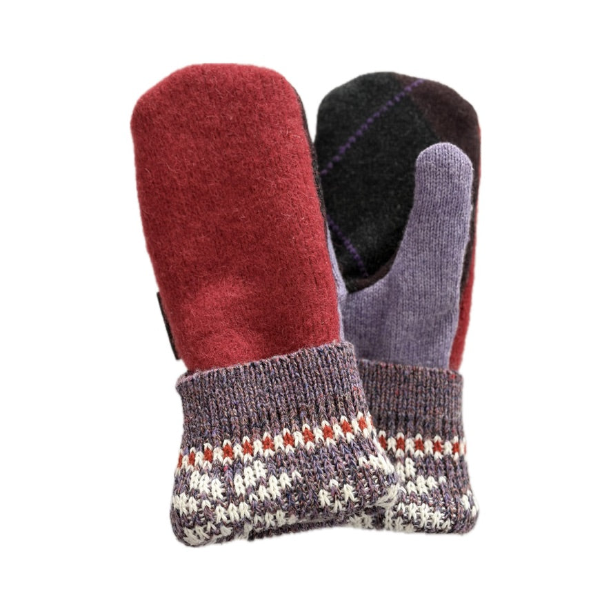 Women's Mittens - Red & Lavender with Nordic Cuff & Argyle Palm  - 1658