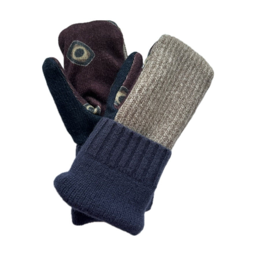 Men's Mittens - Cream, Blue & Maroon Pattern - 380
