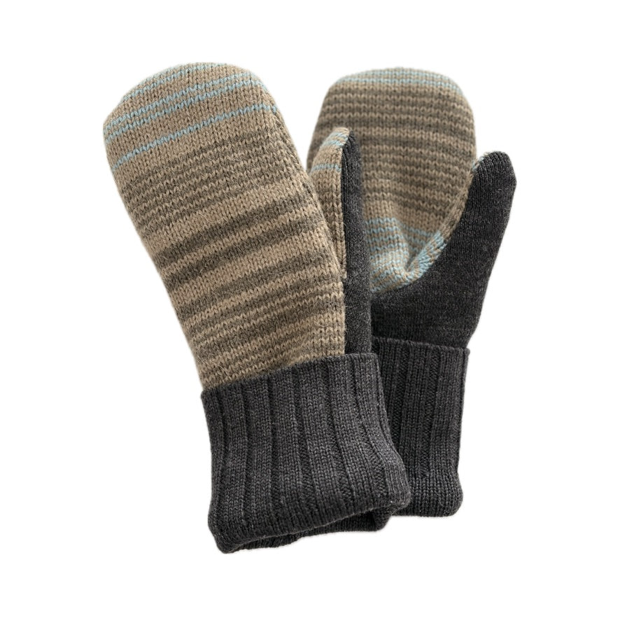 Women's Mittens - Camel, Blue & Green Stripe with Charcoal  - 1664