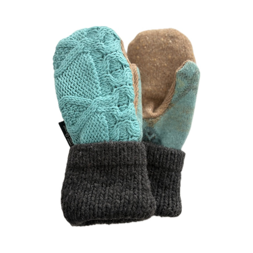 Women's Mittens - Turquoise Cable Knit with Charcoal & Camel  - 1662
