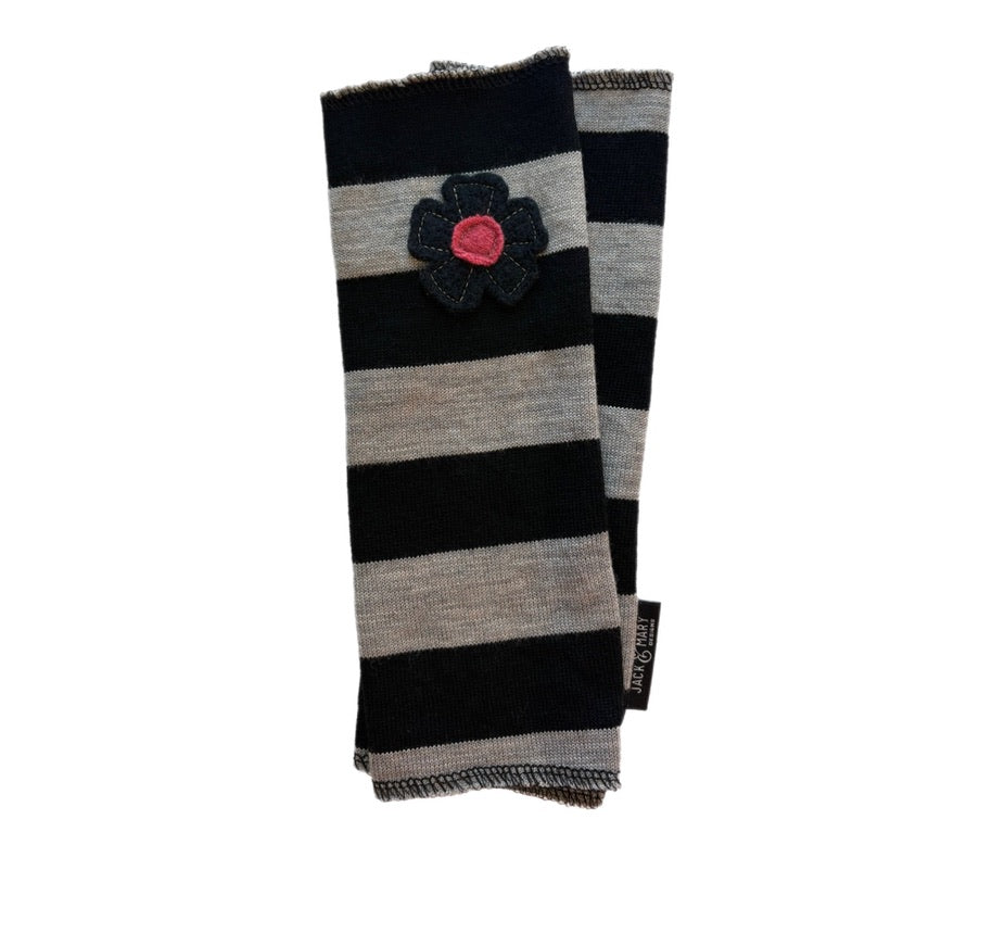 Long Fingerless Mittens - Grey & Black Stripe with Dark Blue Flower - 172