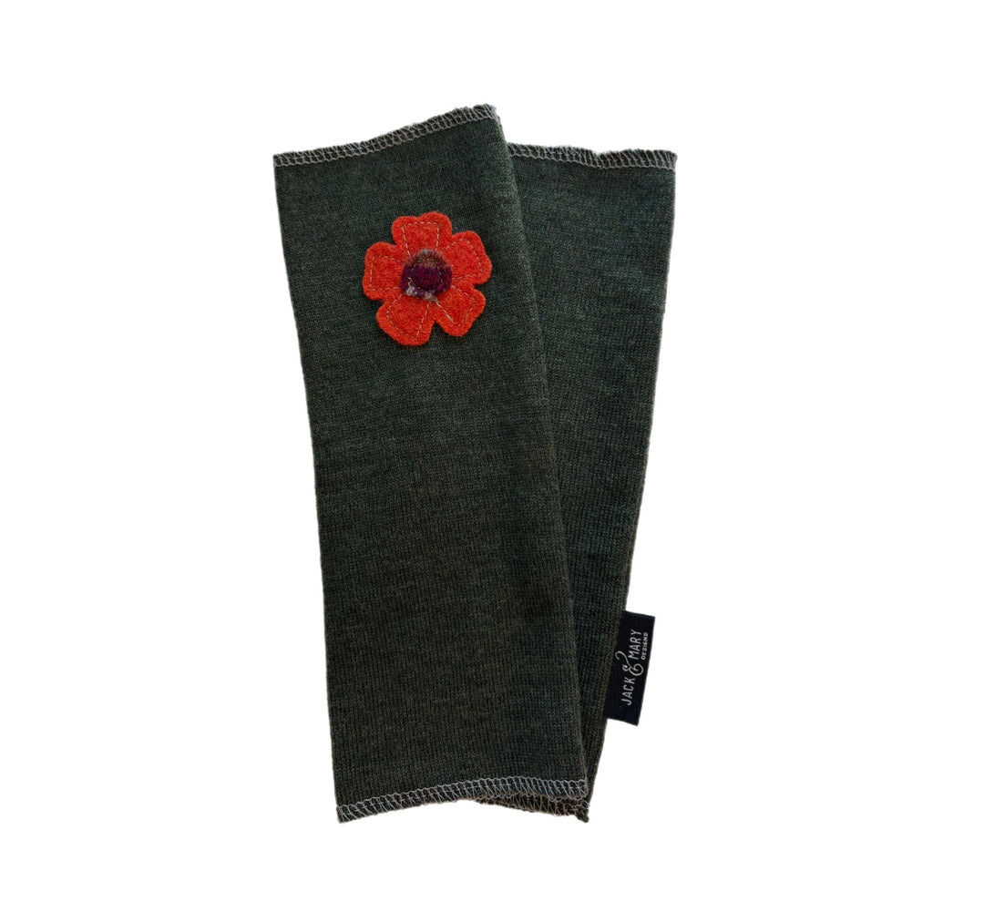 Long Fingerless Mittens - Dark Green with Orange Flower - 179