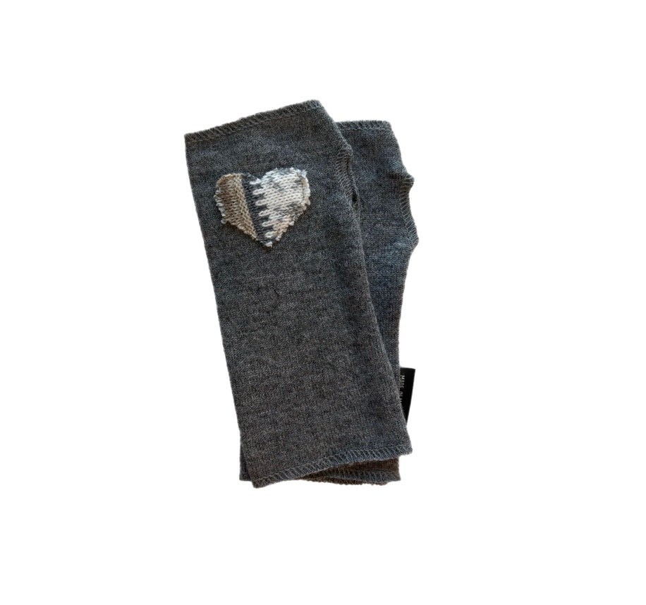 Short Fingerless Mittens - Dark Grey with Patterned Heart - 004