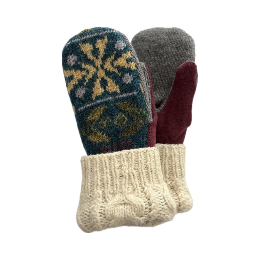 Women's Mittens - Deep Teal Nordic with Cream Cable Knit & Maroon  - 1663