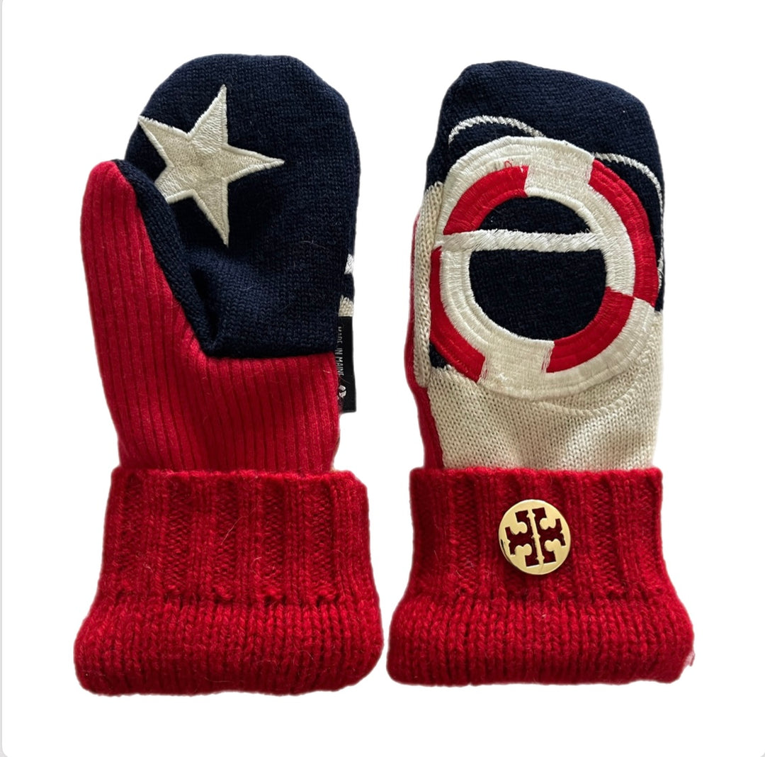 Women's Mittens - Navy, Red & Cream Design, Red Cuffs & Gold Button - 1594 M/L