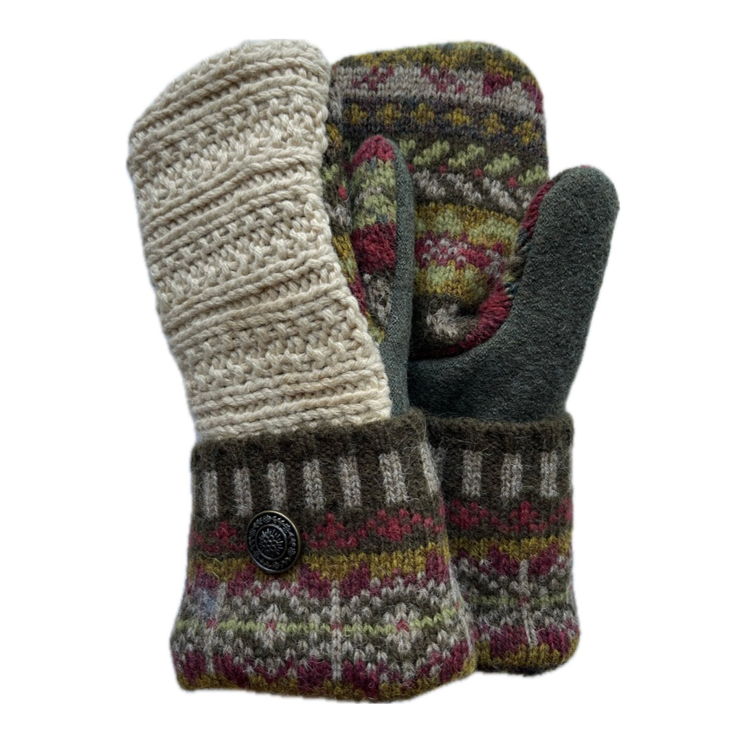 Women's Mittens Petite with Buttons - Cream Knit with Olive & Maroon Nordic Pattern - 591