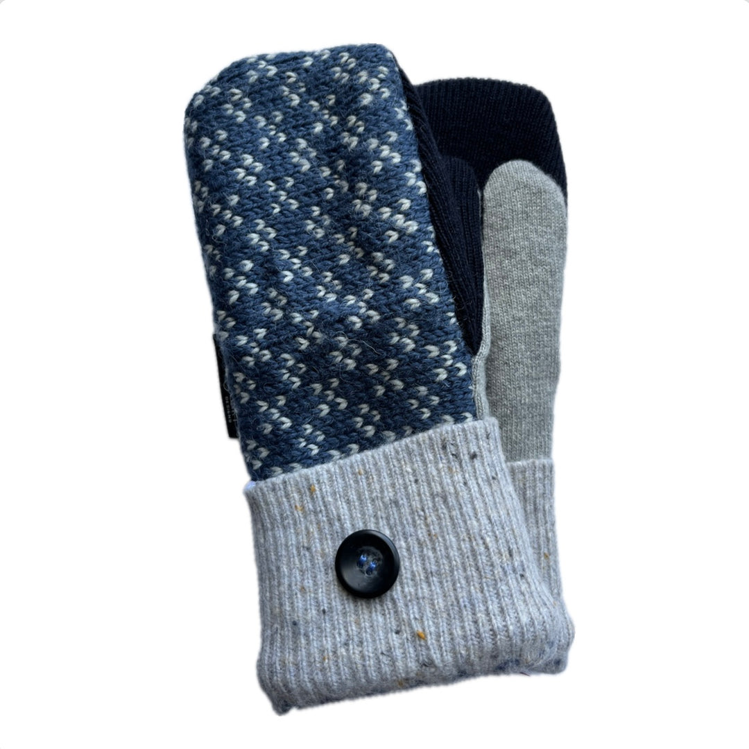 Women's Mittens Petite with Buttons - Dark Blue Pattern with Grey Cuff - 590