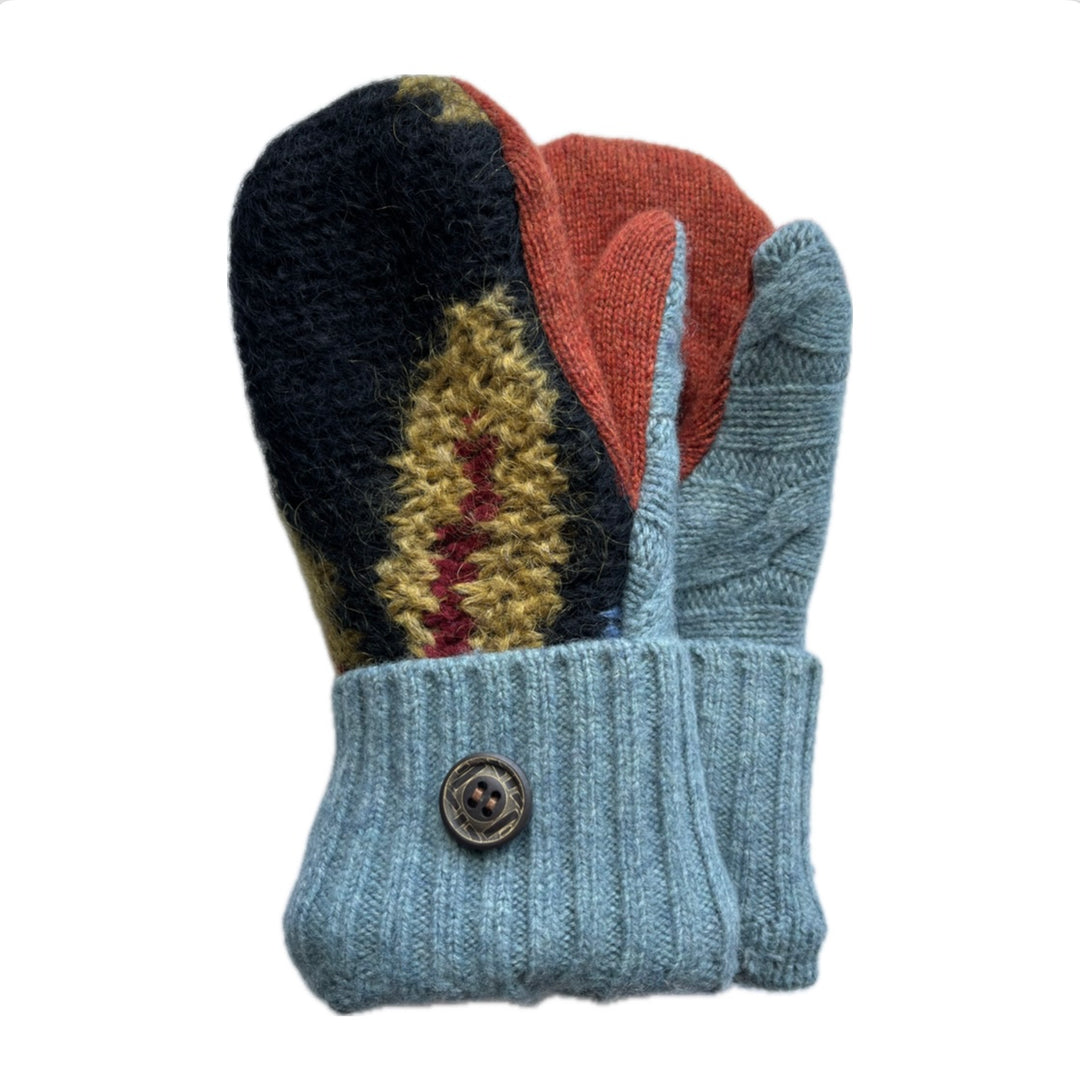 Women's Mittens Petite with Buttons - Gold Pattern, Rust & Blue Cuffs - 589