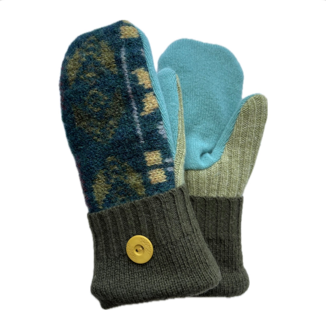 Women's Mittens Petite with Buttons - Teal Geometric Pattern with Olive Cuffs & Yellow Button - 588