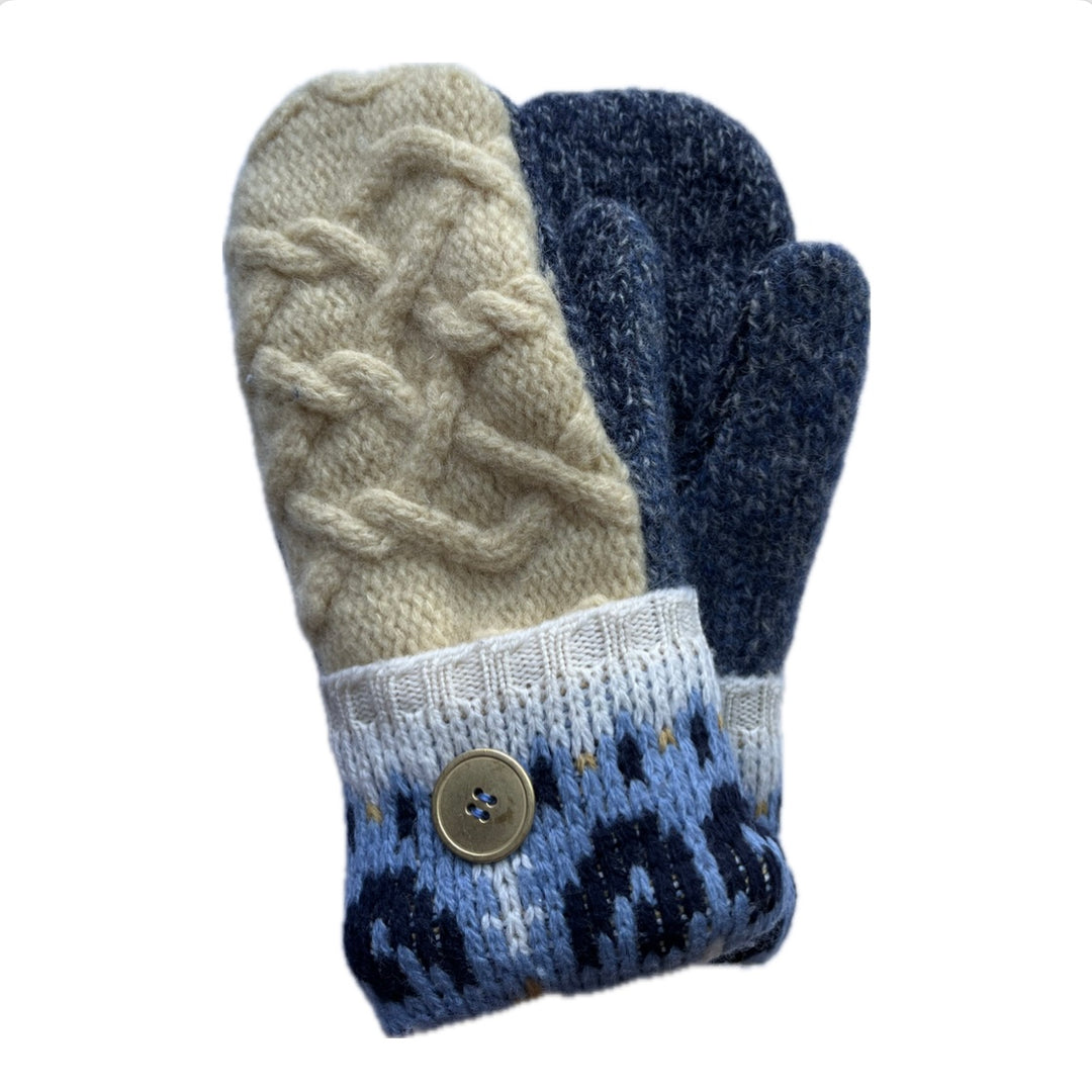 Women's Mittens Petite with Buttons - Cream Cable Knit, Denim & Blue Patterned Cuff - 587