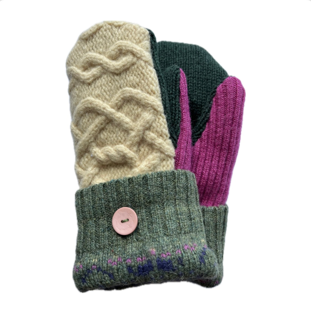 Women's Mittens Petite with Buttons - Cream Cable Knit with Patterned Cuffs & Magenta Accent - 586